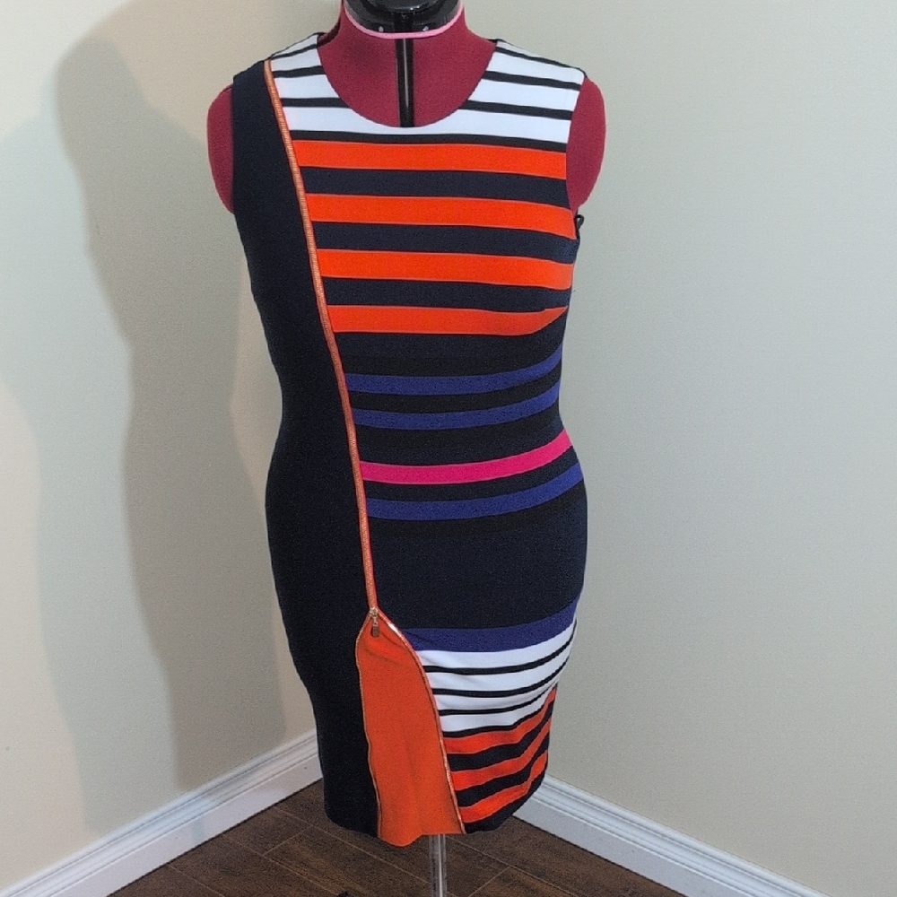 Frank Lyman | Striped Multicolor Sleeveless Dress Zippered Slit